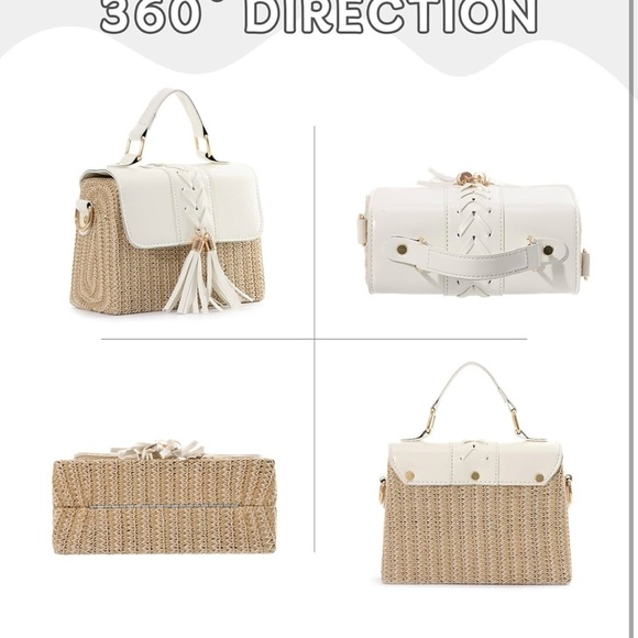 Chic White and Tan Straw Shoulder Bags Crossbody Clutch Bag Tassel Handbag - Picture 3 of 7